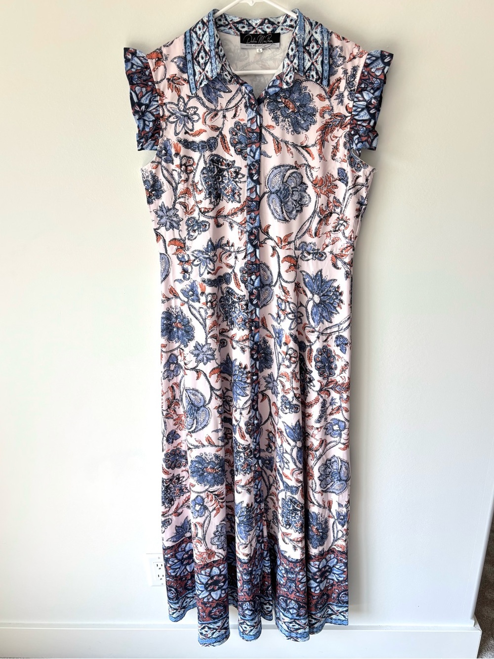 Dalia MacPhee Floral Maxi Dress Short Flutter Sleeve Button Front Pink Blue